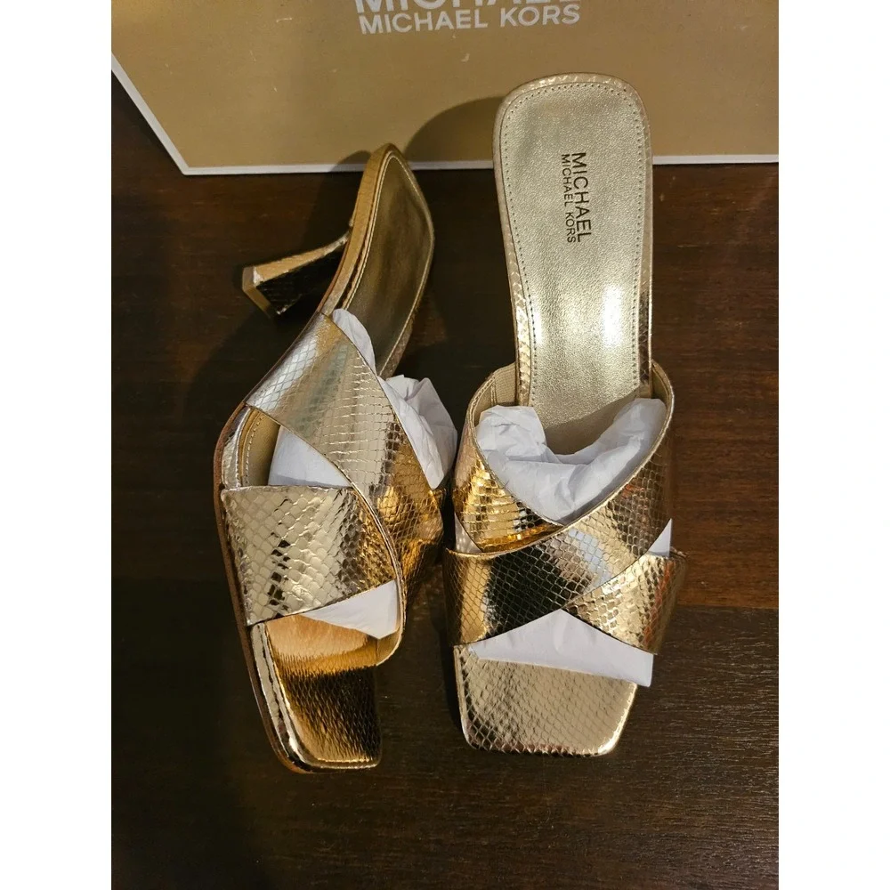 Michael Kors Clara Mule Square toe Sandals Gold Snake Skin leather New in box 10